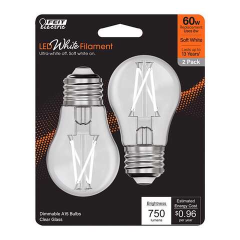 Feit White A15 E26 (Medium) Filament LED Bulb White 60 Watt Equivalence 2 pk