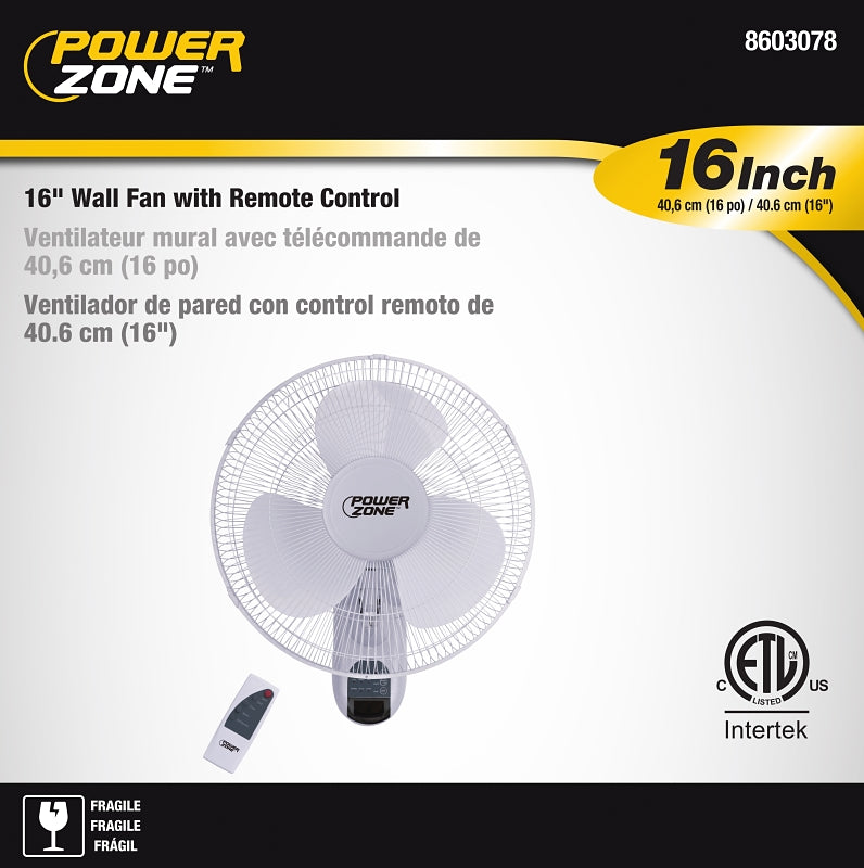 PowerZone FTW-40 Wall-Mount Fan, 120 V, 16 in Dia Blade, 3-Blade, 3-Speed, White