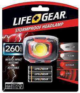 LifeGear 41-3765 Headlamp, AAA Battery, Alkaline Battery, LED Lamp, 260, 3 hr Run Time, Black/Red