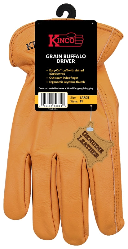 Kinco 81-L Gloves, Men's, L, Keystone Thumb, Easy-On Cuff, Grain Buffalo Leather, Gold