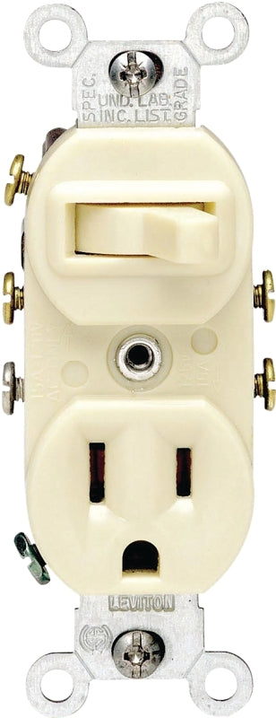 Leviton 031-05245-00I Combination Switch/Receptacle, 1 -Pole, 15 A, 120 V Switch, 125 V Receptacle, Ivory