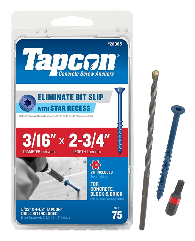 Tapcon 28365 Concrete Screw Anchor, 3/16 in Dia, 2-3/4 in L, Steel, Climaseal, 75/PK