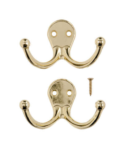 Ace 1-3/4 in. L Bright Brass Bright Brass Brass Small Double Garment Hook 2 pk, Pack of 5