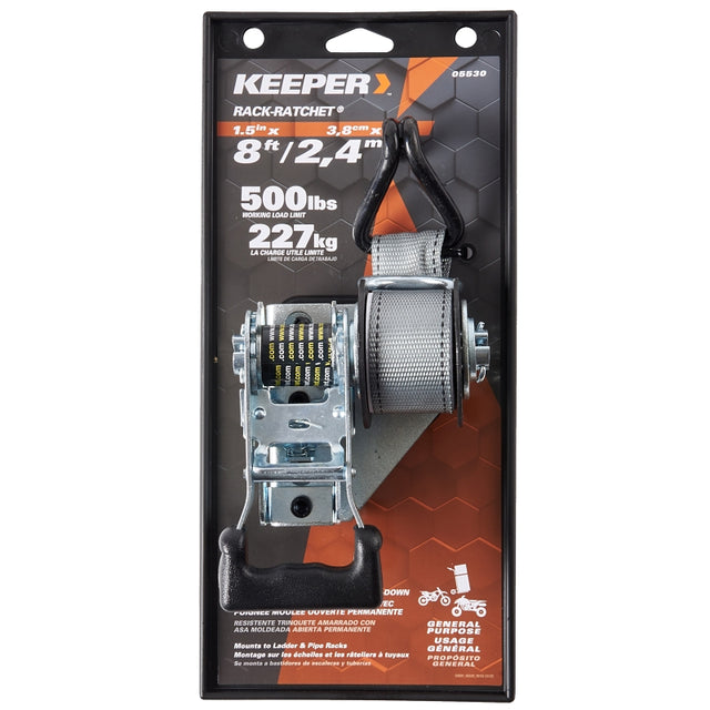 Keeper 05530 Rack Ratchet, 1-1/2 in W, 8 ft L, Polyester, Black, 500 lb Working Load, Double J-Hook End