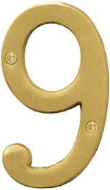 Hy-Ko Prestige Series BR-43BB/9 House Number, 2.938 in W x 6.875 in H Dimensions, Character: 9, 4 in H Character, Brass, Pack of 3