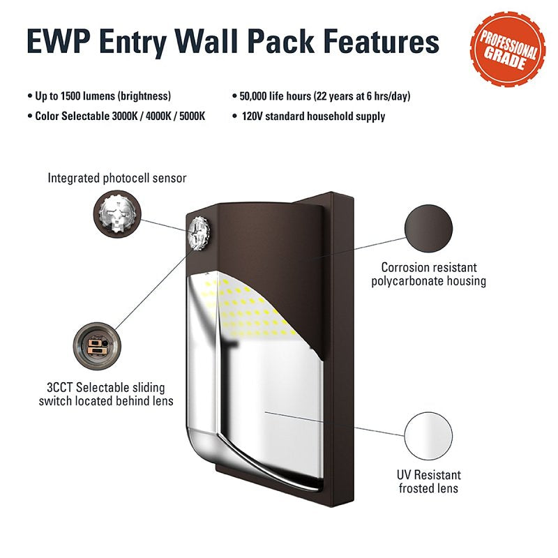 Halo EWP Series EWP15FSDBZ Entry Wall Pack, 12 W, 120 V, LED, 1659 Lumens, 5000 K, Polycarbonate