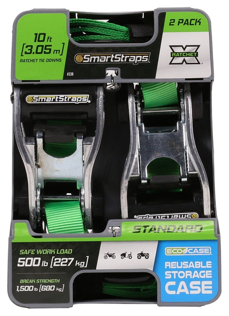 SmartStrap 338 Tie-Down, 1 in W, 10 ft L, Polyester, Green, 500 lb, S-Hook End Fitting, Steel End Fitting