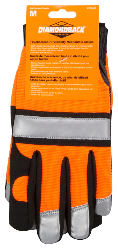 Diamondback 5959M Touchscreen Hi Visibility Mechanics Gloves, M, 55% Synthetic Leather 30% Spandex 10% Reflective Fabric 5% Elastic Band