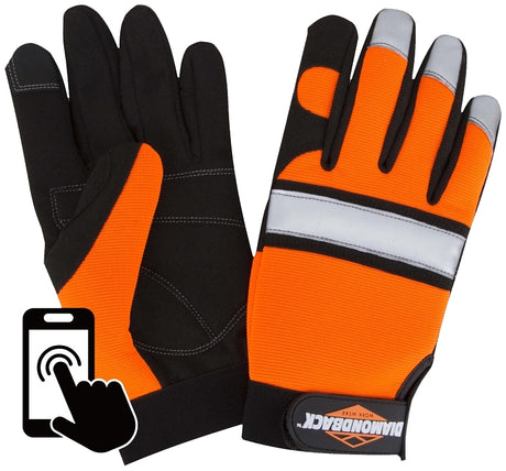 Diamondback 5959L Touchscreen Hi Visibility Mechanics Gloves, L 55% Synthetic leather 30% Spandex 10% Reflective Fabric 5% Elastic Band