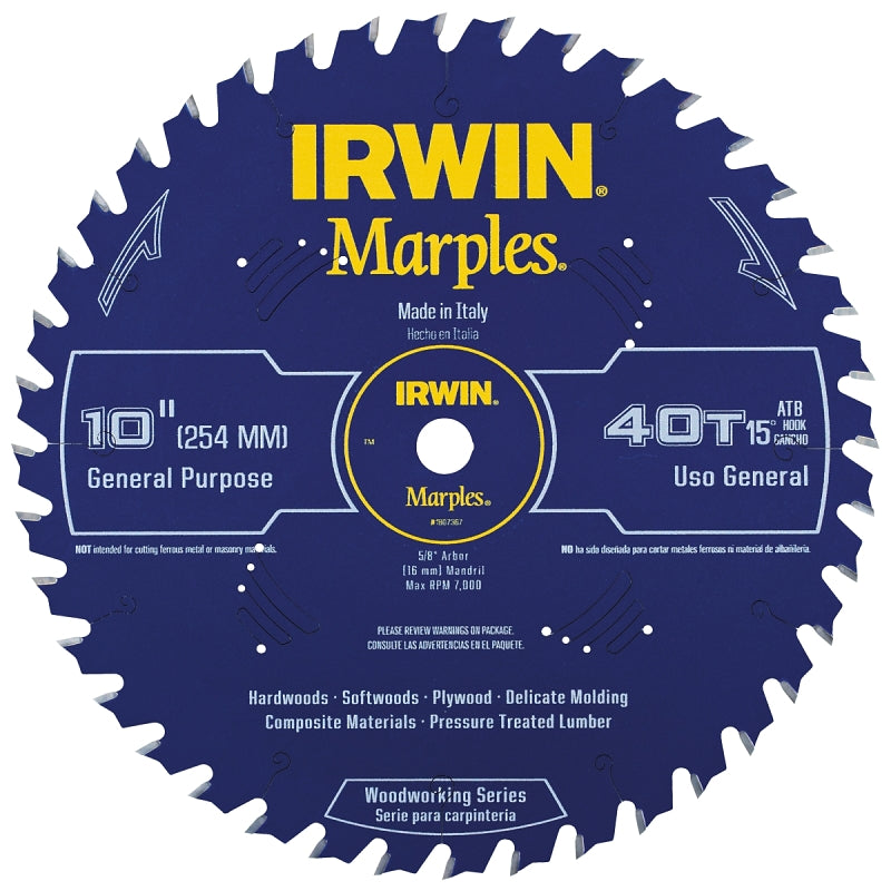 Irwin 1807367 Circular Saw Blade, 10 in Dia, 5/8 in Arbor, 40-Teeth, Carbide Cutting Edge