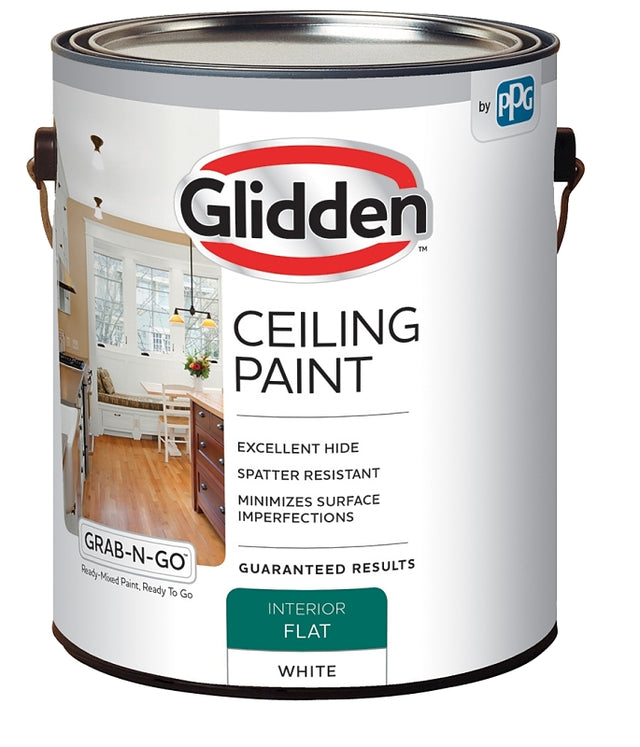 Glidden Grab-N-Go 2070T/01 Ceiling Paint, Flat, White, 1 gal, Resists: Spatter, Latex Base, Pack of 4