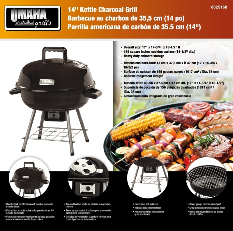 Omaha GY22014I Charcoal Kettle Grill, 1-Grate, Black, Steel Body