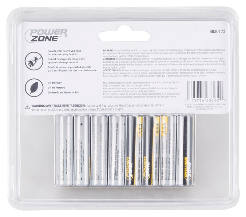 PowerZone LR03-16P Battery, 1.5 V Battery, AAA Battery, Zinc, Manganese Dioxide, and Potassium Hydroxide