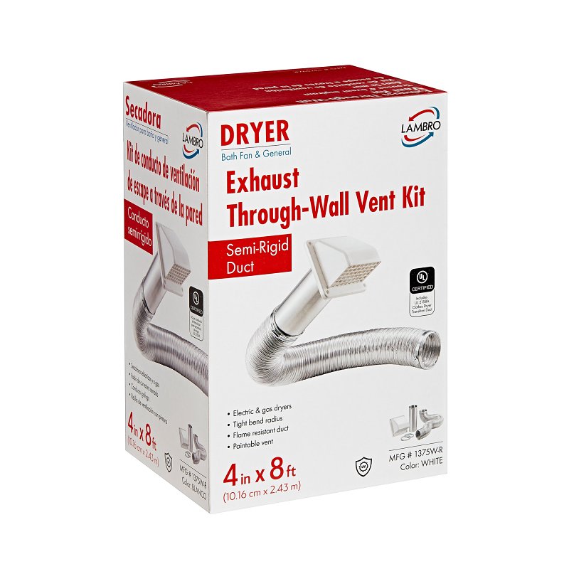 Lambro 1375W-R Wall Hood Vent Kit, Plastic, White, Includes: (2) 4 in Metal Worm Gear Clamps