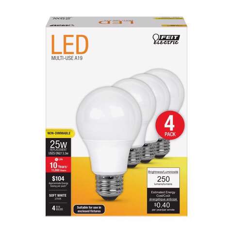 Feit A19 E26 (Medium) LED Bulb Soft White 25 Watt Equivalence 4 pk