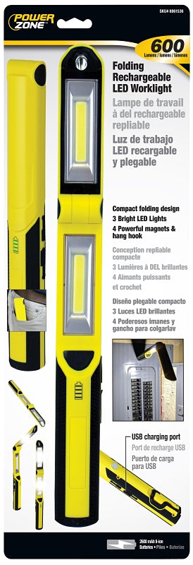 PowerZone ORLEDRFHH01 Work Light, Lithium-Ion Battery, LED Lamp, 40, 300 and 600 Lumens, Yellow and Black