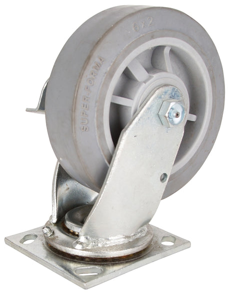 ProSource JC-T06 Swivel/Brake Caster, 6 in Dia Wheel, 2 in W Wheel, Thermoplastic Rubber Wheel, Gray, 500 lb