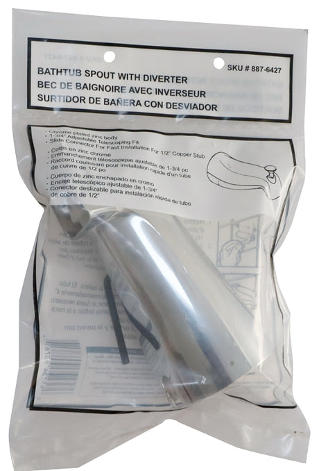 ProSource 26629 Bathtub Spout, 5-3/8 in L, 1/2 in Connection, Zinc, Chrome Plated