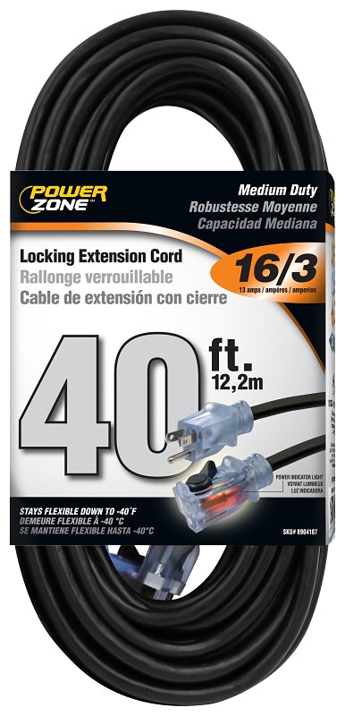 PowerZone ORECPL502628 Extension Cord, 16 AWG Cable, 40 ft L, 13 A, 125 V, Black