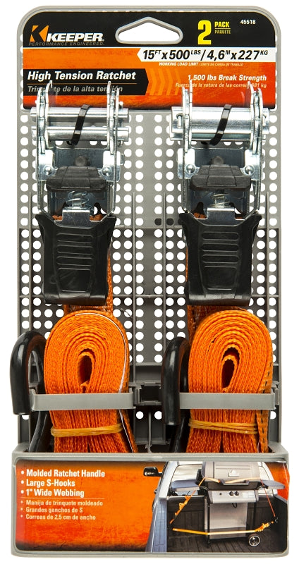 Keeper 45518 Tie-Down, 1 in W, 15 ft L, Orange, 500 lb Working Load, S-Hook End