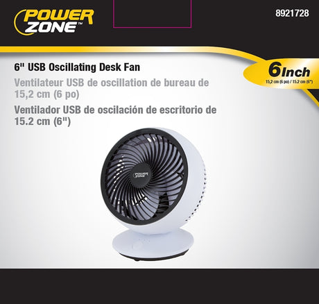 PowerZone QT-U608C USB Oscillating Fan, 5 VAC, 6 in Dia Blade, 3-Speed, 90 deg Rotating, White