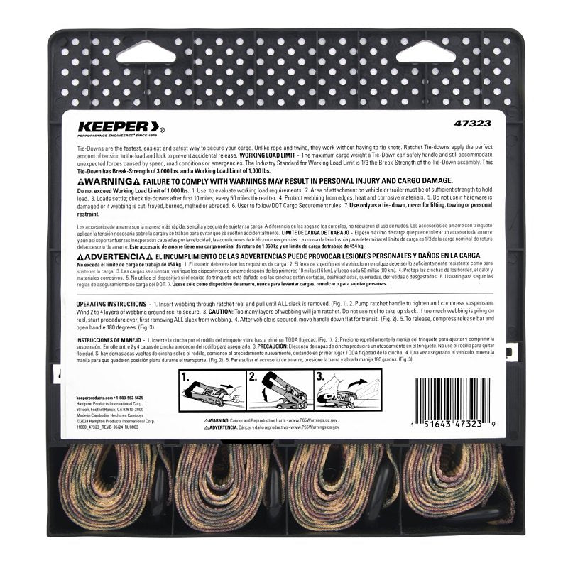 Keeper 47323 Ratchet Tie-Down with Open Handle, 1-1/4 in W, 16 ft L, Camo, 1000 lb Working Load, J-Hook End