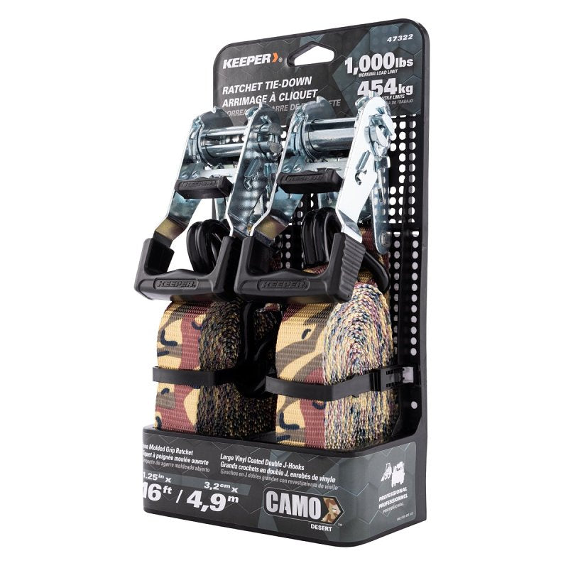 Keeper 47322 Ratchet Tie-Down with Open Handle, 1-1/4 in W, 16 ft L, Camo, 1000 lb Working Load, J-Hook End