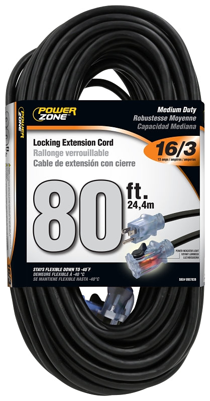 PowerZone ORECPL502633 Extension Cord, 16 AWG Cable, 80 ft L, 10 A, 125 V, Black