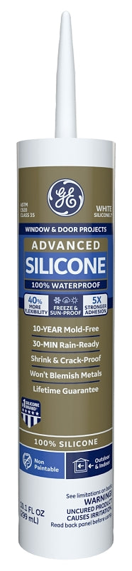 GE Advanced Silicone 2 2811093 Window & Door Sealant, White, 24 hr Curing, 10.1 fl-oz Cartridge, Pack of 12