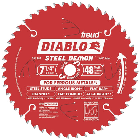 Diablo Steel Demon D0748CFX Circular Saw Blade, 7-1/4 in Dia, 5/8 in Arbor, 48-Teeth, Cermet Cutting Edge