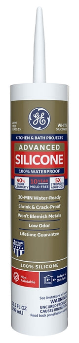 GE Advanced Silicone 2 2812565 Kitchen & Bath Sealant, White, 24 hr Curing, 10.1 fl-oz Cartridge, Pack of 12