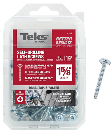 Teks 21536 Lath Screw, #8 Thread, Truss Head, Phillips Drive, Drill Point, Steel, Zinc, 120 PK