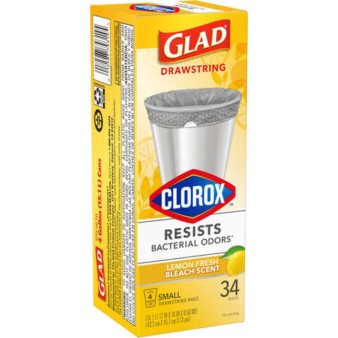 Glad 4 gal Lemon Scent Kitchen Trash Bags Drawstring 34 pk 0.5 mil, Pack of 6