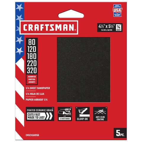 Craftsman 5.5 in. L X 4.5 in. W Assorted Grit Ceramic 1/4 Sheet Sandpaper 5 pk, Pack of 5