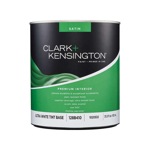 Clark+Kensington Satin Tint Base Ultra White Base Premium Paint Interior 1 qt, Pack of 4