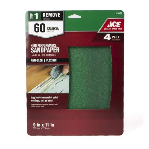 Ace 11 in. L X 9 in. W 60 Grit Aluminum Oxide All Purpose Sandpaper 4 pk