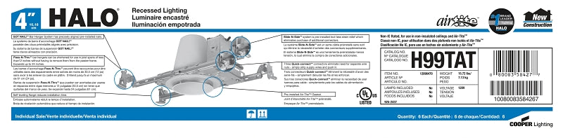 Halo H99TAT Recessed Housing, 4 in Dia Recessed Can, Steel