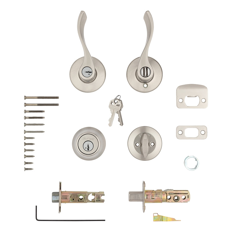 Kwikset 96900-420 Deadbolt Security Set, Keyed Entry Lock, Lever Handle, Balboa Design, Satin Nickel, Turn Piece, Zinc
