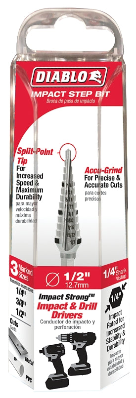 Diablo DSD0500S13 Step Drill Bit, 1/4 to 1/2 in Dia, 3-1/32 in OAL, Dual Flute, 1/4 in Dia Shank, Hex Shank