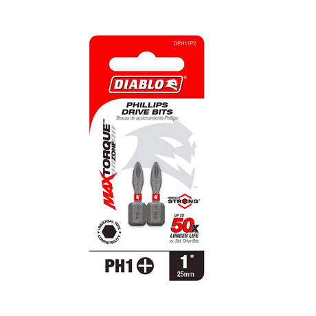 Diablo DPH11P2 Screwdriver Insert Bit, #1 Drive, Phillips Drive, 1 in L, 2/PK