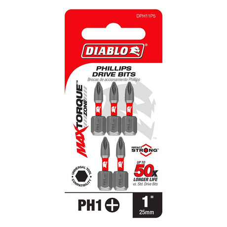 Diablo DPH11P5 Screwdriver Insert Bit, #1 Drive, Phillips Drive, 1 in L, 5/PK