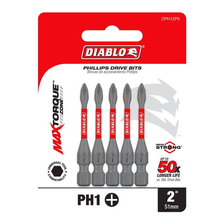 Diablo DPH12P5 Screwdriver Insert Bit, #1 Drive, Phillips Drive, 2 in L, 5/PK