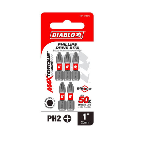 Diablo DPH21P5 Screwdriver Insert Bit, #2 Drive, Phillips Drive, 1 in L, 5/PK