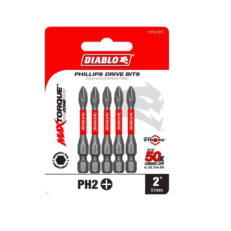 Diablo DPH22P5 Screwdriver Insert Bit, #2 Drive, Phillips Drive, 2 in L, 5/PK