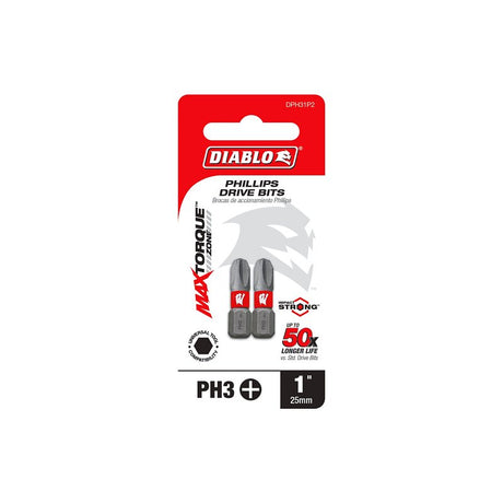 Diablo DPH31P2 Screwdriver Insert Bit, #3 Drive, Phillips Drive, 1 in L, 2/PK, Pack of 5