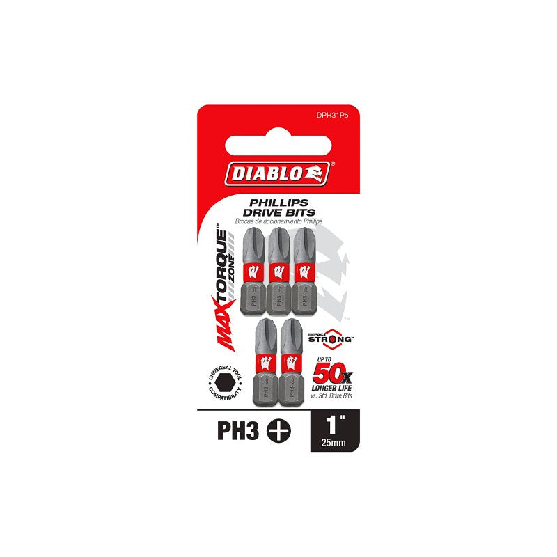 Diablo DPH31P5 Screwdriver Insert Bit, #3 Drive, Phillips Drive, 1 in L, 5/PK