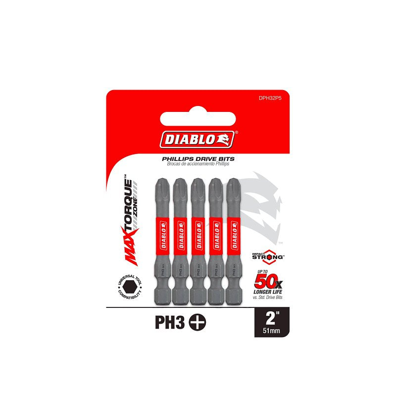 Diablo DPH32P5 Screwdriver Insert Bit, #3 Drive, Phillips Drive, 2 in L, 5/PK