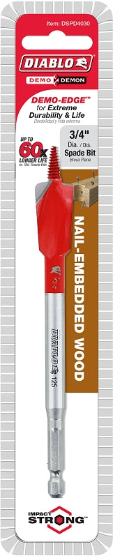 Diablo Demo Demon DSPD4030 Spade Bit, 3/4 in Dia, 6 in OAL, 1/4 in Dia Shank, Hex Shank