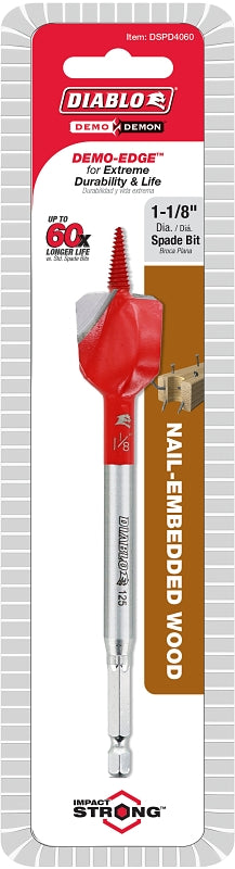 Diablo Demo Demon DSPD4060 Spade Bit, 1-1/8 in Dia, 6 in OAL, 1/4 in Dia Shank, Hex Shank