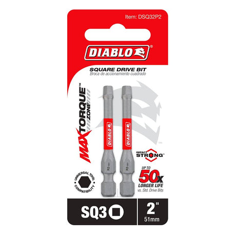 Diablo DSQ32P2 Drive Bit, #3 Drive, Square Drive, 1/4 in Shank, Hex Shank, 2 in L